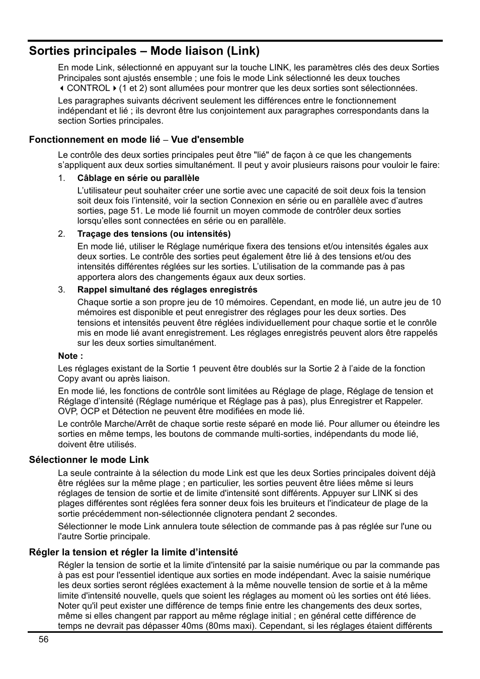 Sorties principales – mode liaison \(link\), Fonctionnement en mode lié \( vue d'ensemble, Sélectionner le mode link | Régler la tension et régler la limite d’intensit, Sorties principales – mode liaison (link) | Xantrex Technology XDL 35-5T User Manual | Page 58 / 180