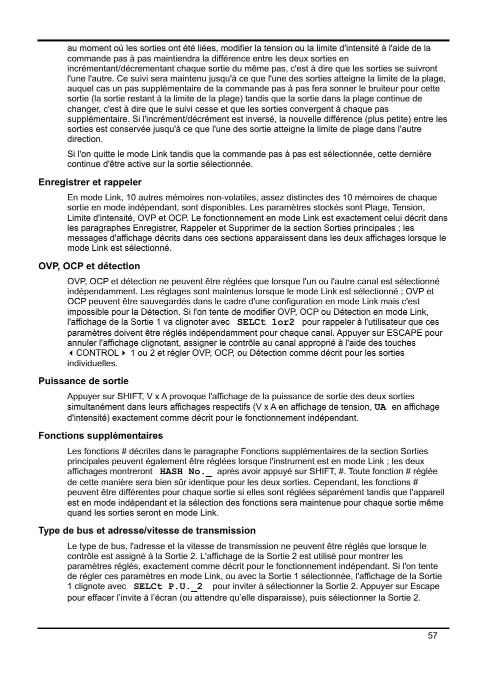 Enregistrer et rappeler, Ovp, ocp et détection, Puissance de sortie | Fonctions supplémentaires, Type de bus et adresse/vitesse de transmission | Xantrex Technology XDL 35-5T User Manual | Page 59 / 180