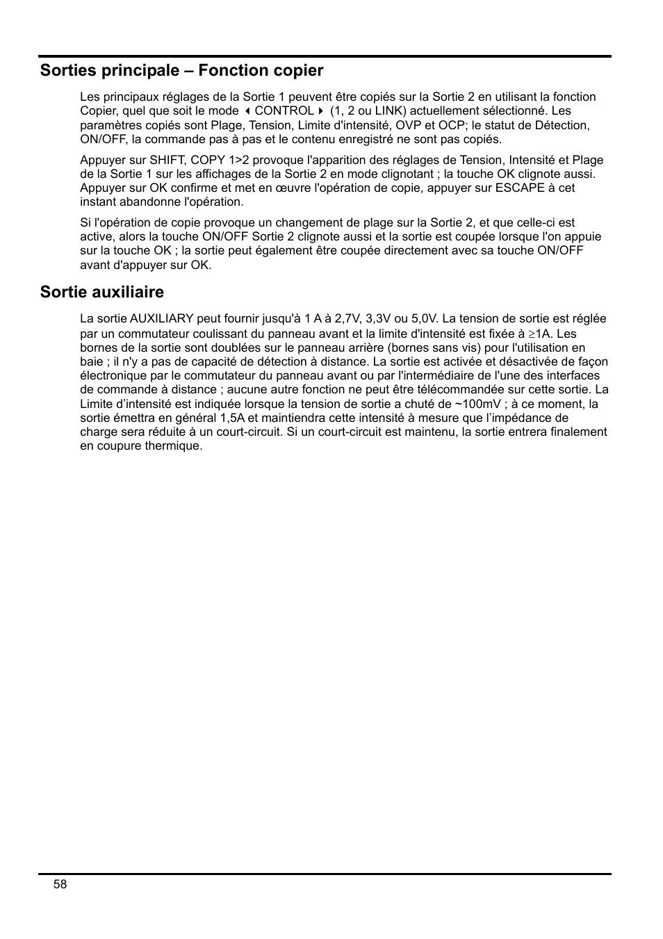 Sorties principale – fonction copier, Sortie auxiliaire | Xantrex Technology XDL 35-5T User Manual | Page 60 / 180