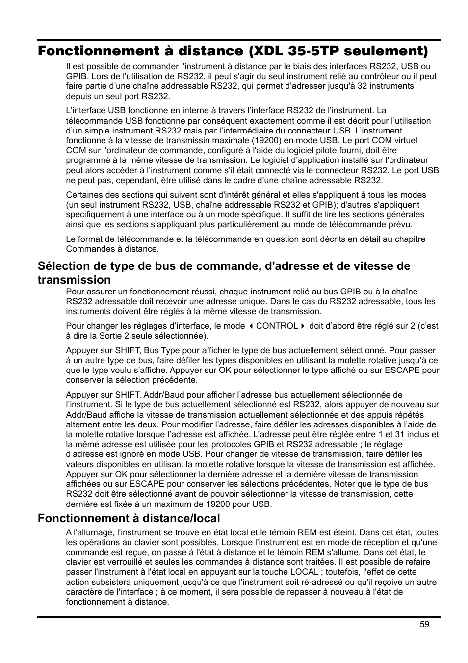 Fonctionnement à distance \(xdl 35-5tp seulemen, Sélection de type de bus de commande, d'adresse, Fonctionnement à distance/local | Fonctionnement à distance (xdl 35-5tp seulement) | Xantrex Technology XDL 35-5T User Manual | Page 61 / 180