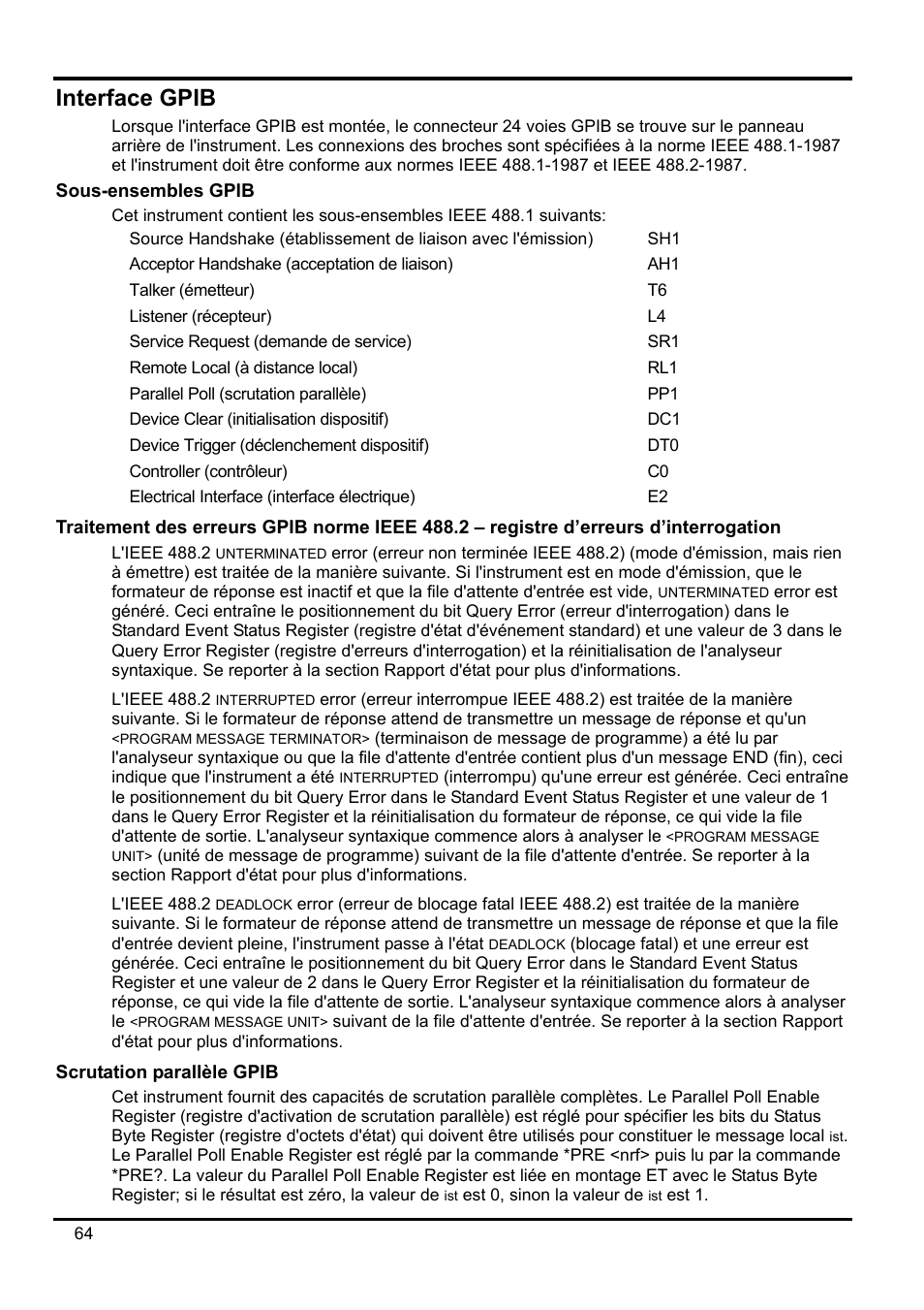 Interface gpib, Sous-ensembles gpib, Traitement des erreurs gpib norme ieee 488.2 – re | Scrutation parallèle gpib | Xantrex Technology XDL 35-5T User Manual | Page 66 / 180