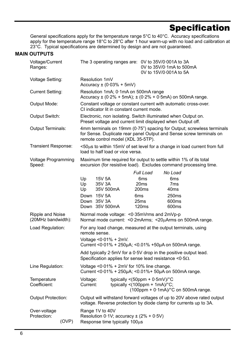 Specification, Main outputs | Xantrex Technology XDL 35-5T User Manual | Page 7 / 180