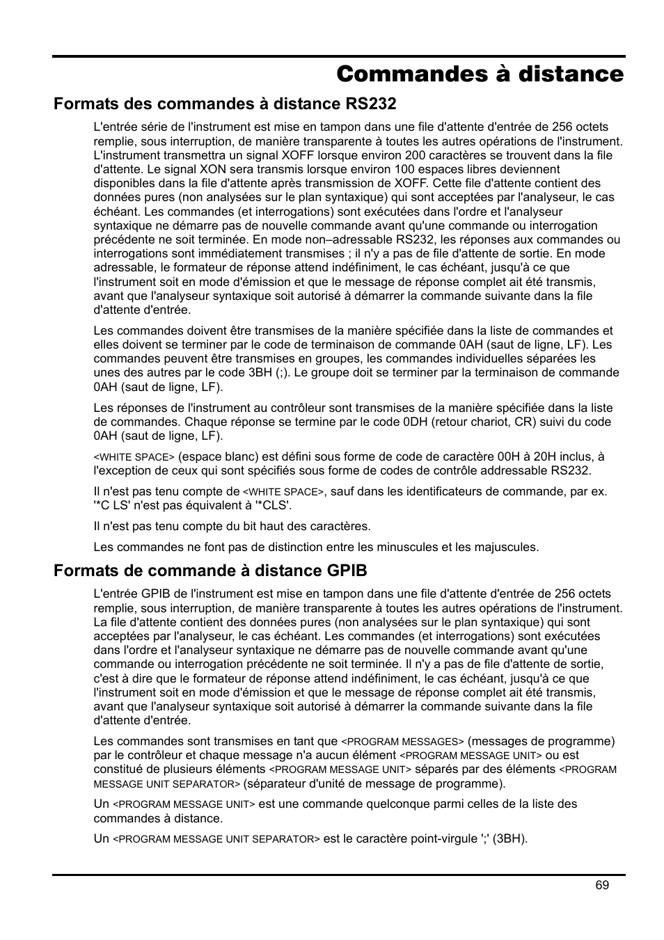 Commandes à distance, Formats des commandes à distance rs232, Formats de commande à distance gpib | Xantrex Technology XDL 35-5T User Manual | Page 71 / 180