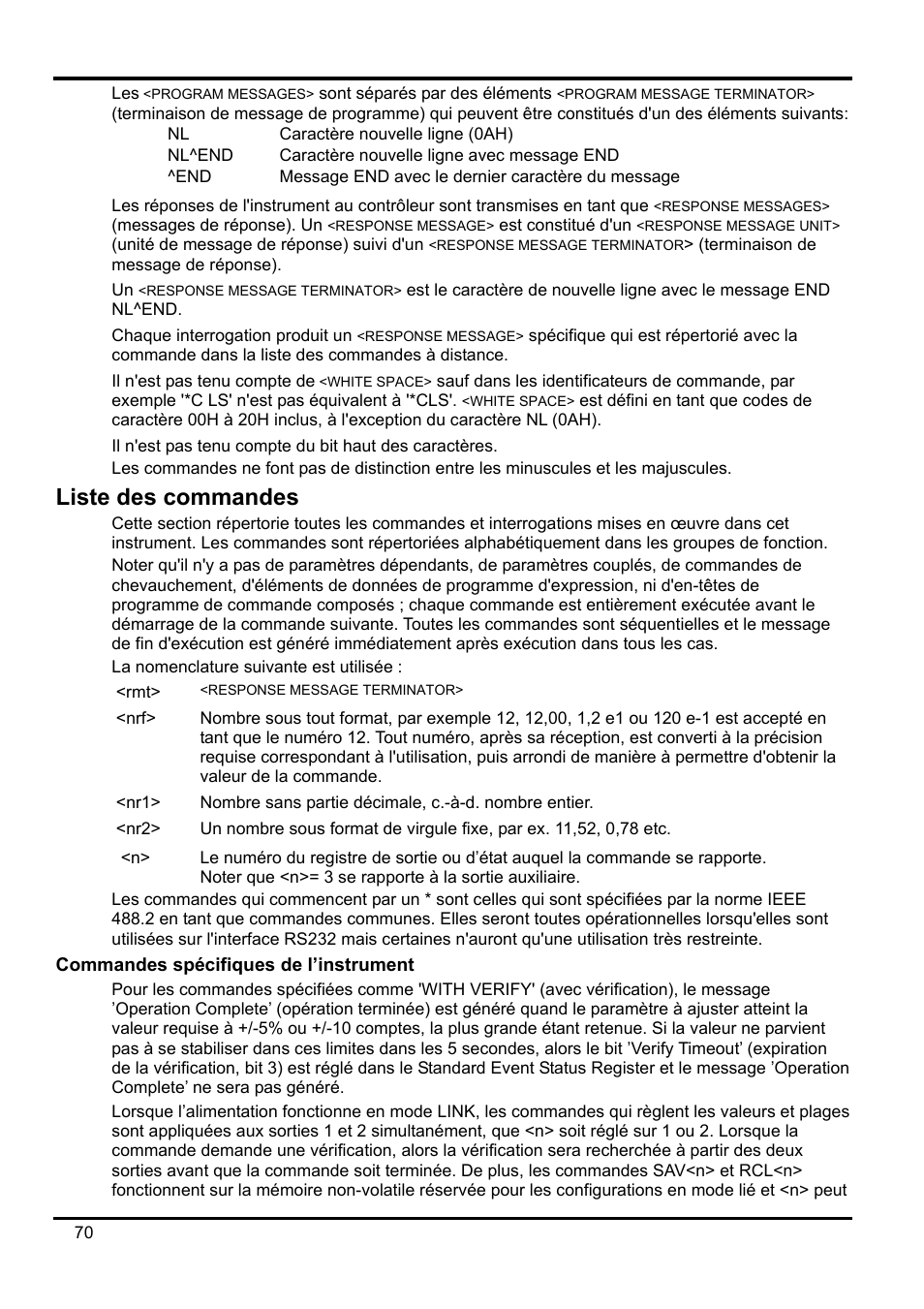 Liste des commandes, Commandes spécifiques de l’instrument | Xantrex Technology XDL 35-5T User Manual | Page 72 / 180