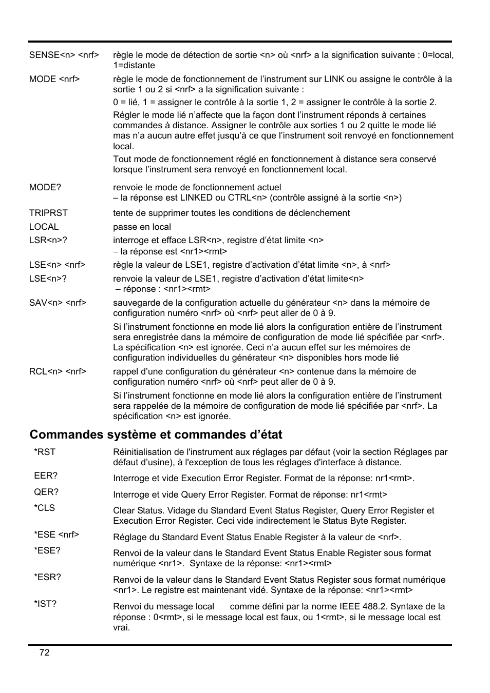 Commandes système et commandes d’état, Ese <nrf | Xantrex Technology XDL 35-5T User Manual | Page 74 / 180