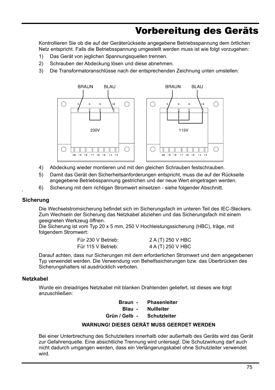 Vorbereitung des geräts, Sicherung, Netzkabel | Xantrex Technology XDL 35-5T User Manual | Page 77 / 180