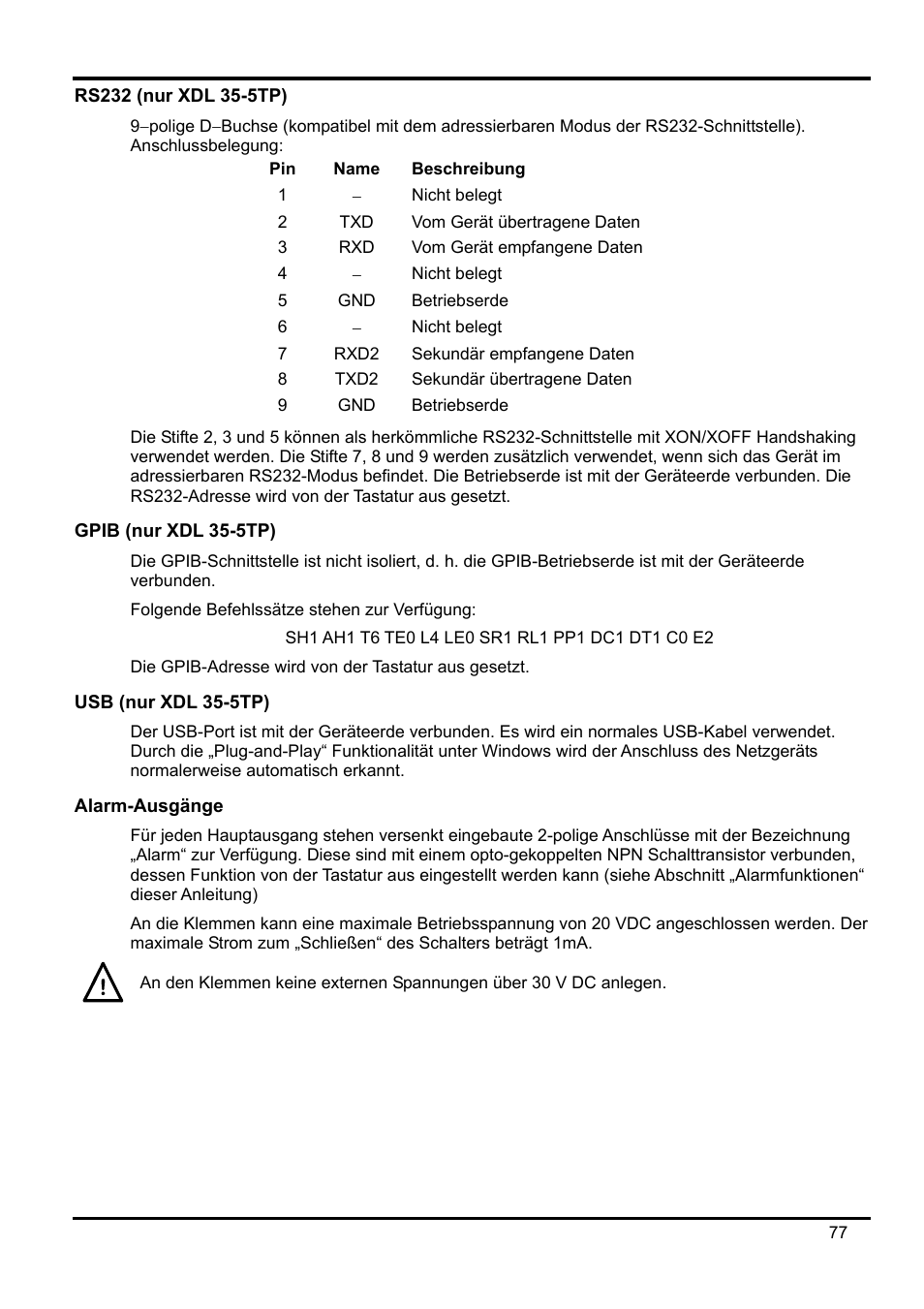 Rs232 (nur xdl 35-5tp), Beschreibung, Gpib (nur xdl 35-5tp) | Usb (nur xdl 35-5tp), Alarm-ausgänge | Xantrex Technology XDL 35-5T User Manual | Page 79 / 180