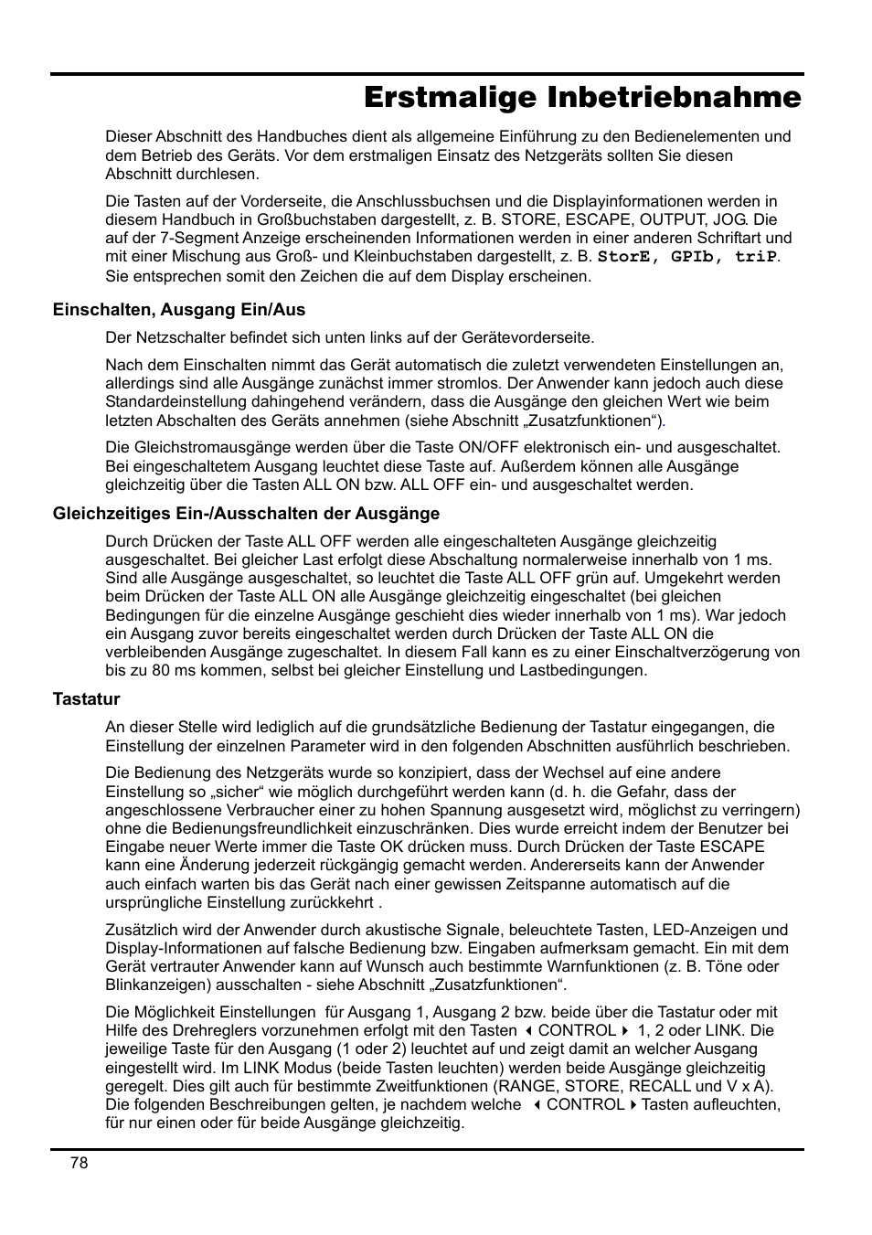 Erstmalige inbetriebnahme, Einschalten, ausgang ein/aus, Gleichzeitiges ein-/ausschalten der ausgänge | Tastatur | Xantrex Technology XDL 35-5T User Manual | Page 80 / 180