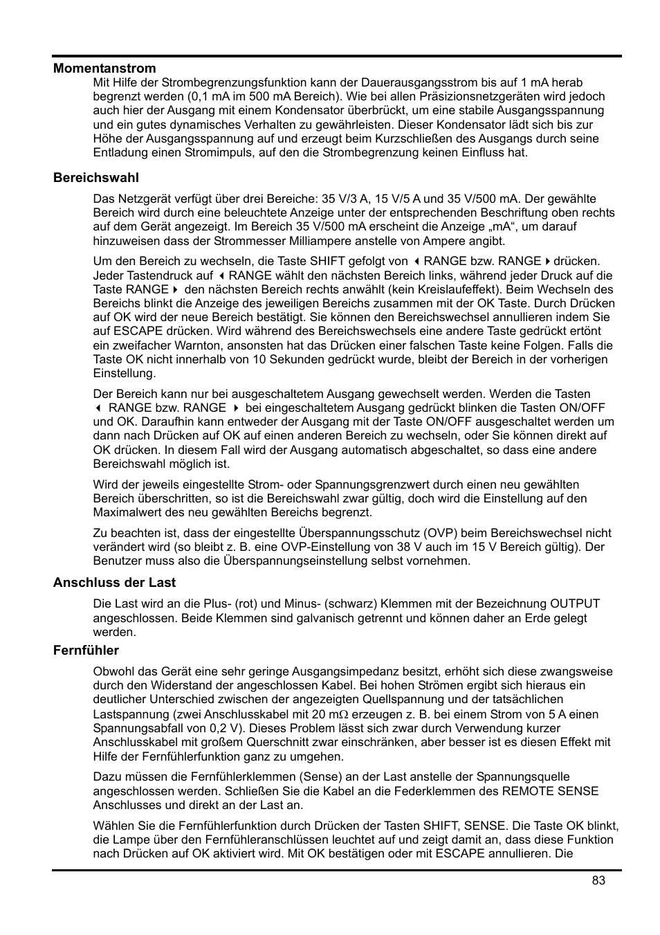 Momentanstrom, Bereichswahl, Anschluss der last | Fernfühler | Xantrex Technology XDL 35-5T User Manual | Page 85 / 180