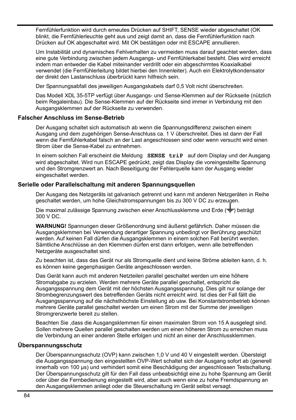 Falscher anschluss im sense-betrieb, Überspannungsschutz | Xantrex Technology XDL 35-5T User Manual | Page 86 / 180