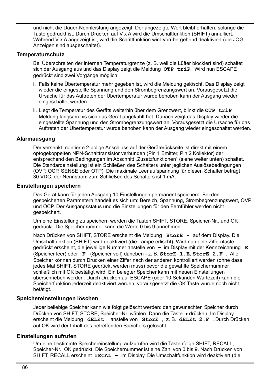 Temperaturschutz, Alarmausgang, Einstellungen speichern | Speichereinstellungen löschen, Einstellungen aufrufen | Xantrex Technology XDL 35-5T User Manual | Page 88 / 180