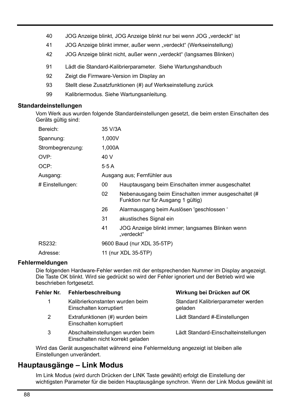 Standardeinstellungen, Fehlermeldungen, Hauptausgänge – link modus | Xantrex Technology XDL 35-5T User Manual | Page 90 / 180