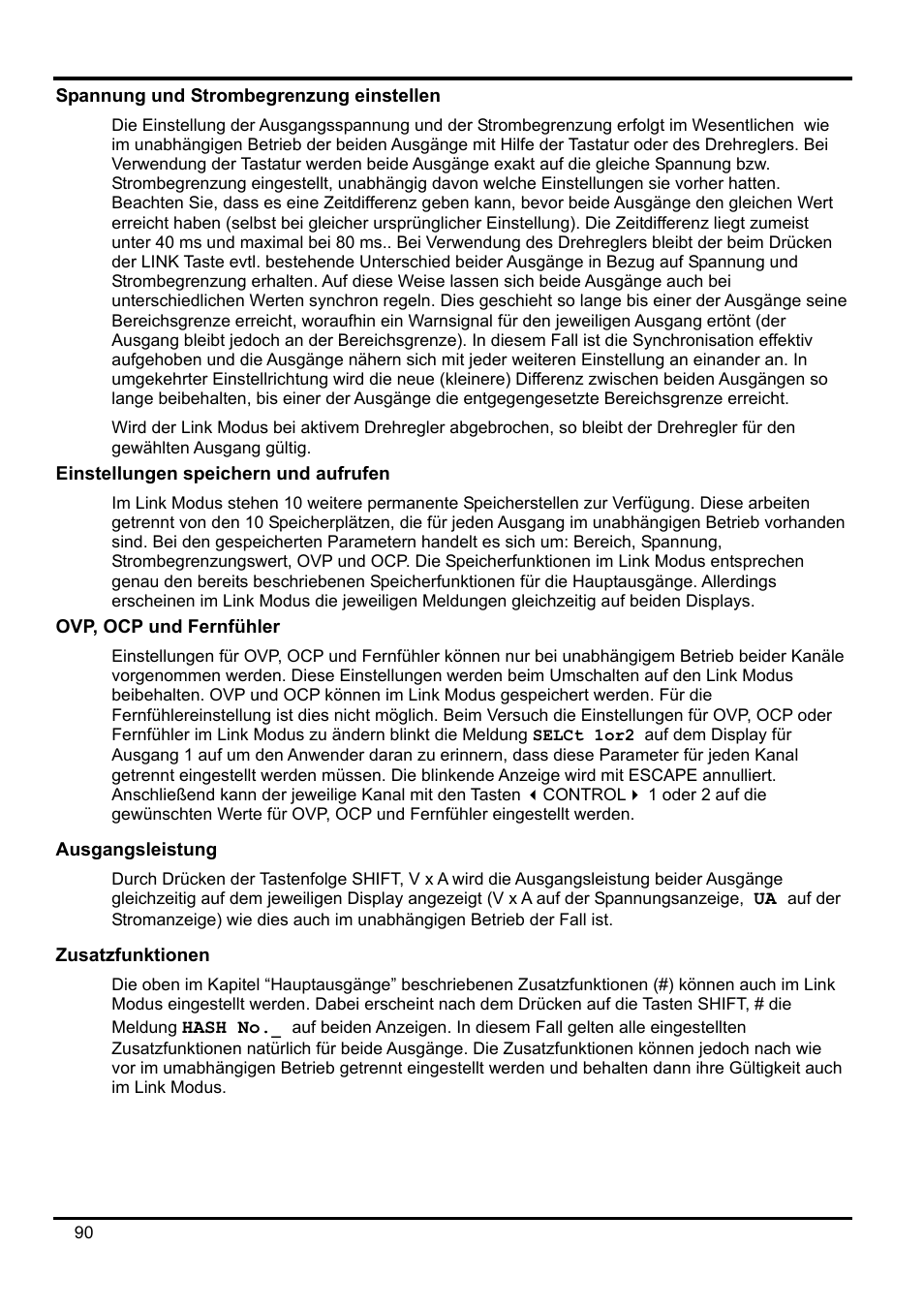 Spannung und strombegrenzung einstellen, Einstellungen speichern und aufrufen, Ovp, ocp und fernfühler | Ausgangsleistung, Zusatzfunktionen | Xantrex Technology XDL 35-5T User Manual | Page 92 / 180