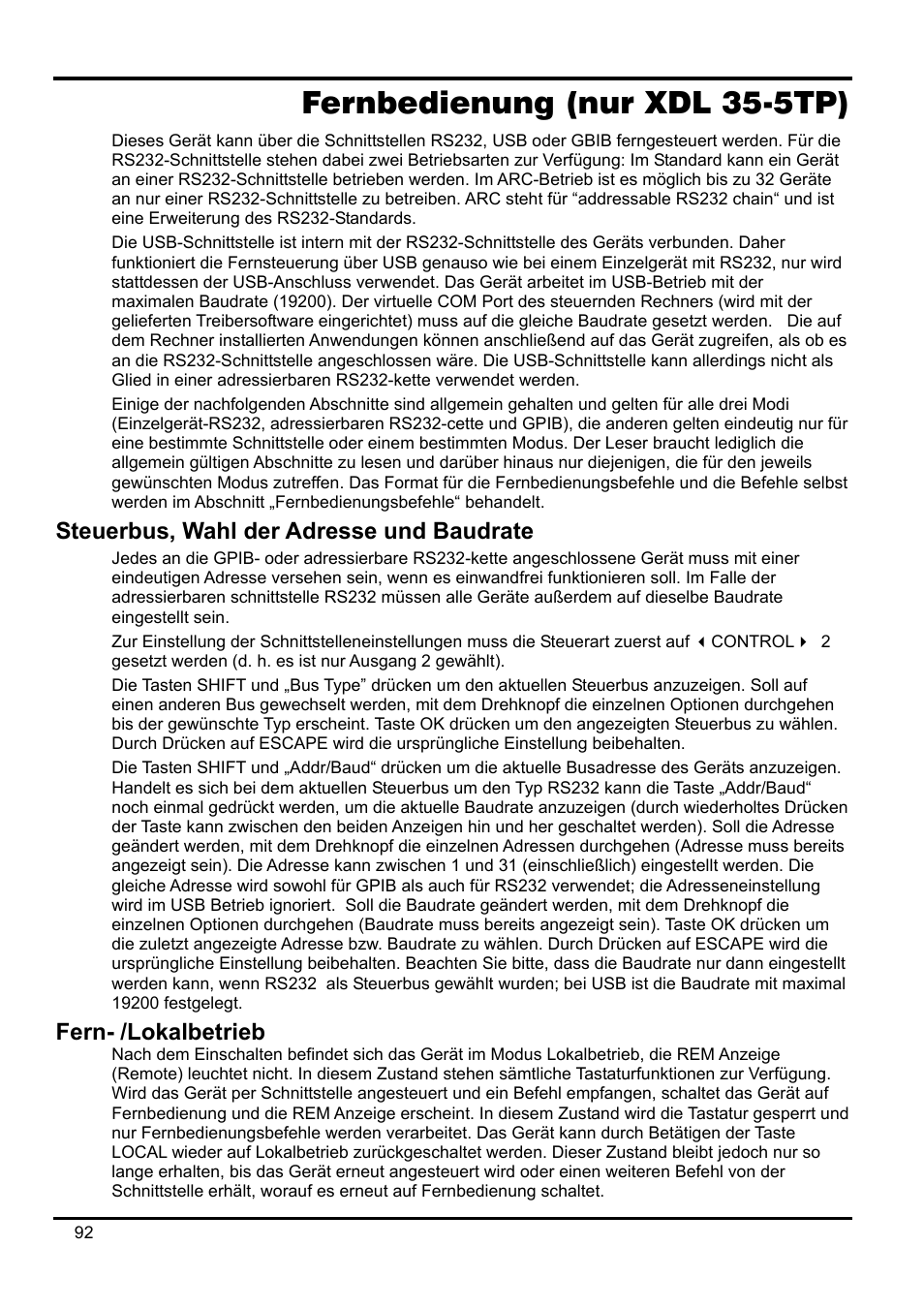 Fernbedienung (nur xdl 35-5tp), Steuerbus, wahl der adresse und baudrate, Fern- /lokalbetrieb | Xantrex Technology XDL 35-5T User Manual | Page 94 / 180