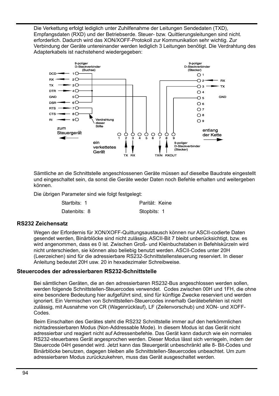 Rs232 zeichensatz, Steuercodes der adressierbaren rs232-schnittstelle | Xantrex Technology XDL 35-5T User Manual | Page 96 / 180