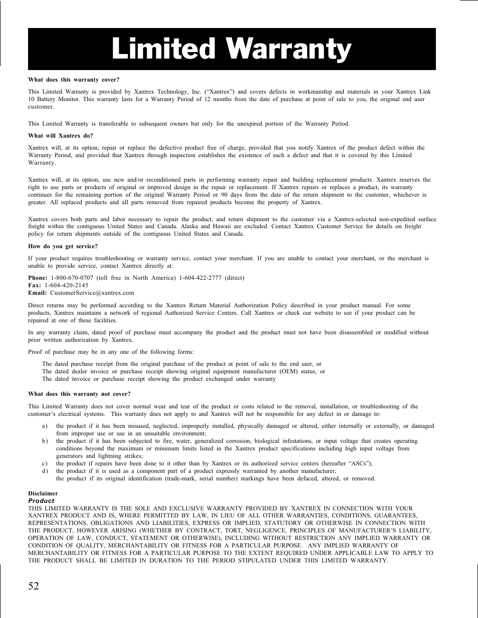 Limited warranty | Xantrex Technology LINK 10 User Manual | Page 52 / 60