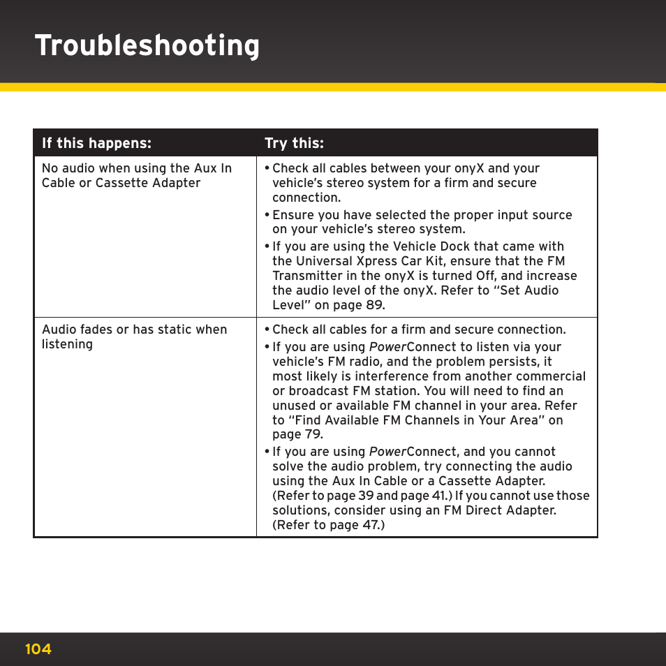 Troubleshooting | XM Satellite Radio XDNX1V1 User Manual | Page 104 / 114