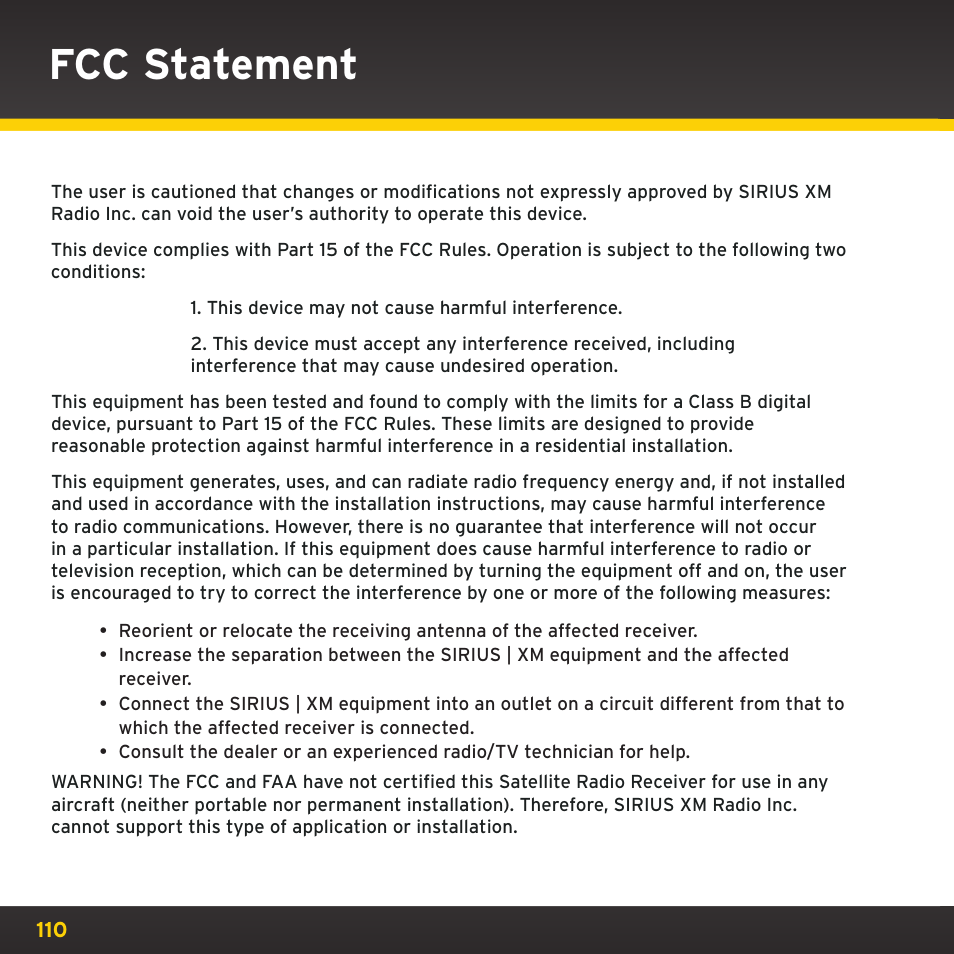 Fcc statement | XM Satellite Radio XDNX1V1 User Manual | Page 110 / 114