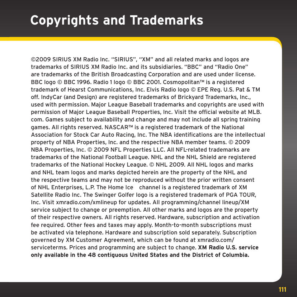 Copyrights and trademarks | XM Satellite Radio XDNX1V1 User Manual | Page 111 / 114