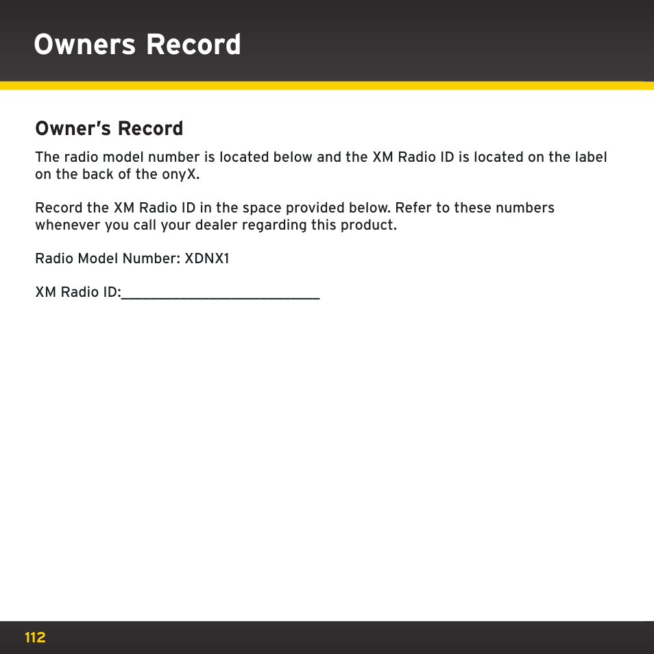Owners record, Owner’s record | XM Satellite Radio XDNX1V1 User Manual | Page 112 / 114