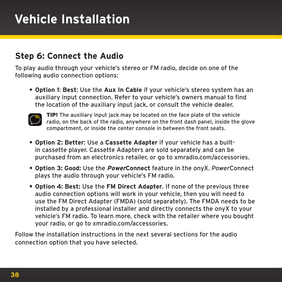 Vehicle installation, Step 6: connect the audio | XM Satellite Radio XDNX1V1 User Manual | Page 38 / 114