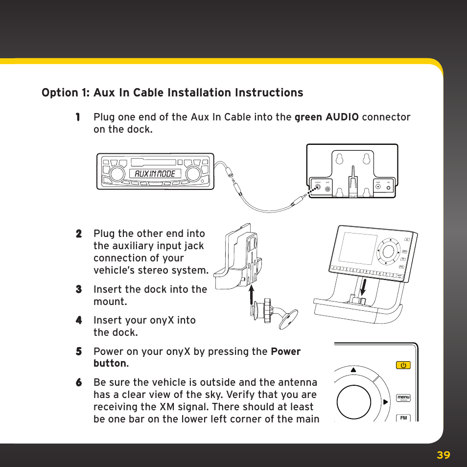 Option 1: aux in cable installation instructions | XM Satellite Radio XDNX1V1 User Manual | Page 39 / 114