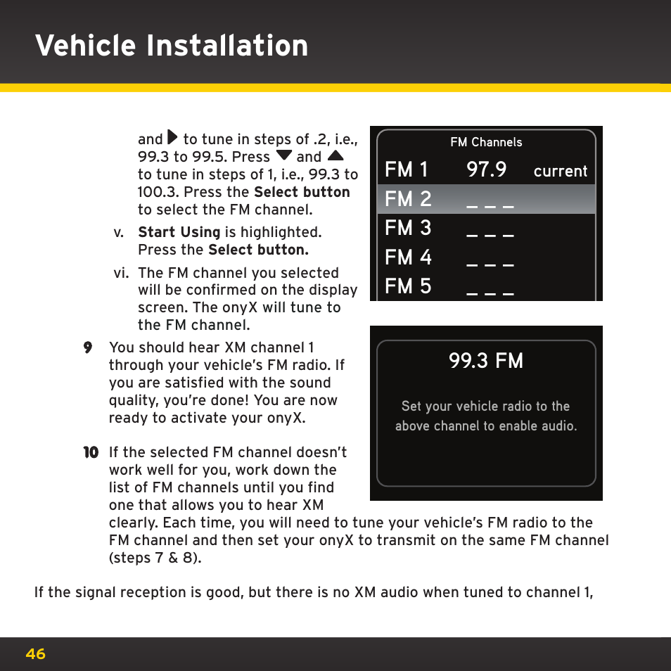 Vehicle installation, 3 fm | XM Satellite Radio XDNX1V1 User Manual | Page 46 / 114