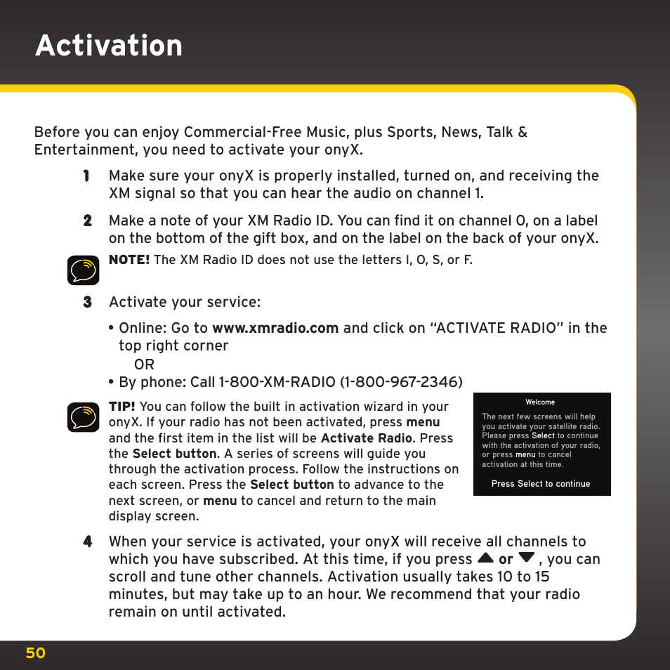 Activation | XM Satellite Radio XDNX1V1 User Manual | Page 50 / 114