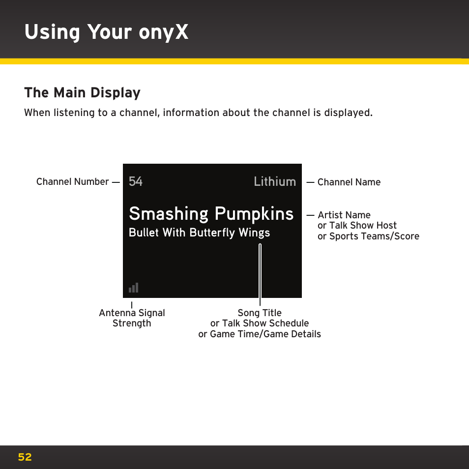 Using your onyx, Smashing pumpkins, The main display | XM Satellite Radio XDNX1V1 User Manual | Page 52 / 114