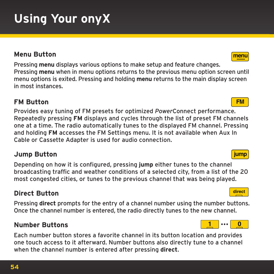 Using your onyx | XM Satellite Radio XDNX1V1 User Manual | Page 54 / 114
