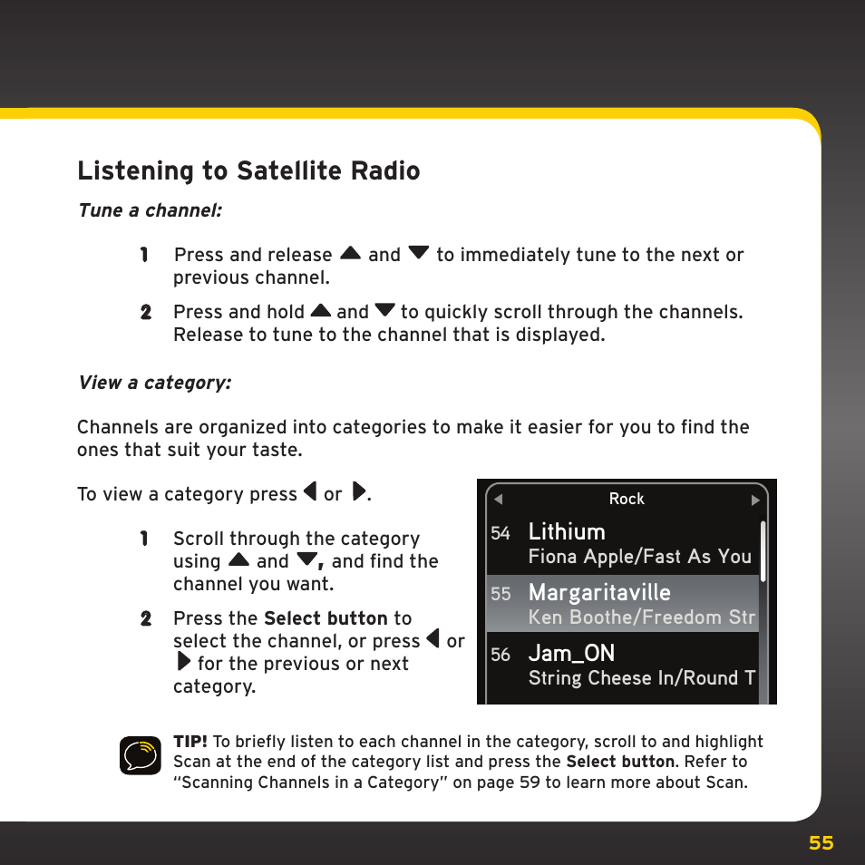 Listening to satellite radio, Lithium, Margaritaville | Jam_on | XM Satellite Radio XDNX1V1 User Manual | Page 55 / 114