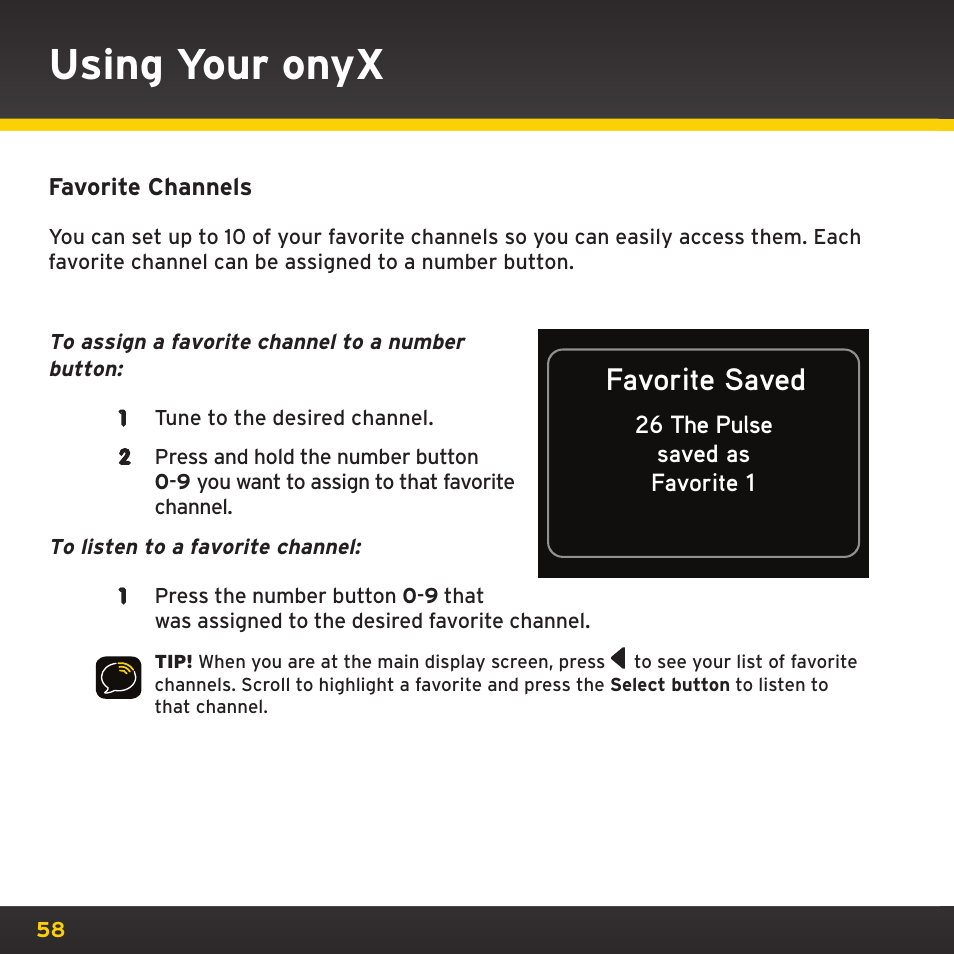 Using your onyx, Favorite saved | XM Satellite Radio XDNX1V1 User Manual | Page 58 / 114