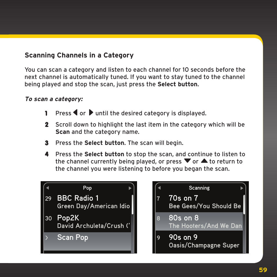 Bbc radio 1, Pop2k, Scan pop | 70s on 7, 80s on 8, 90s on 9 | XM Satellite Radio XDNX1V1 User Manual | Page 59 / 114