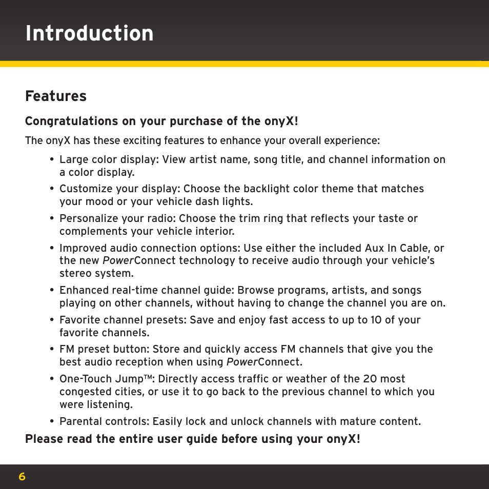 Introduction, Features | XM Satellite Radio XDNX1V1 User Manual | Page 6 / 114