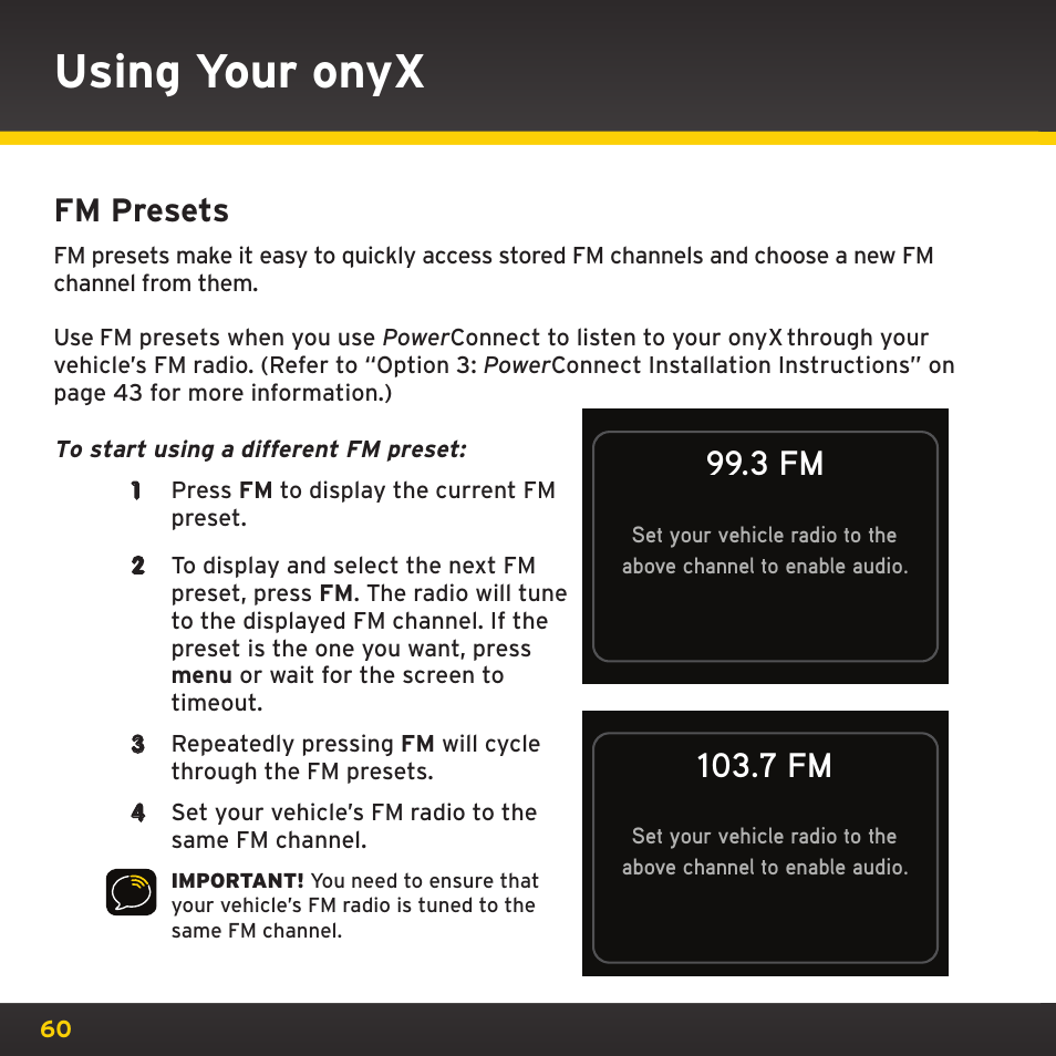 Using your onyx, Fm presets | XM Satellite Radio XDNX1V1 User Manual | Page 60 / 114