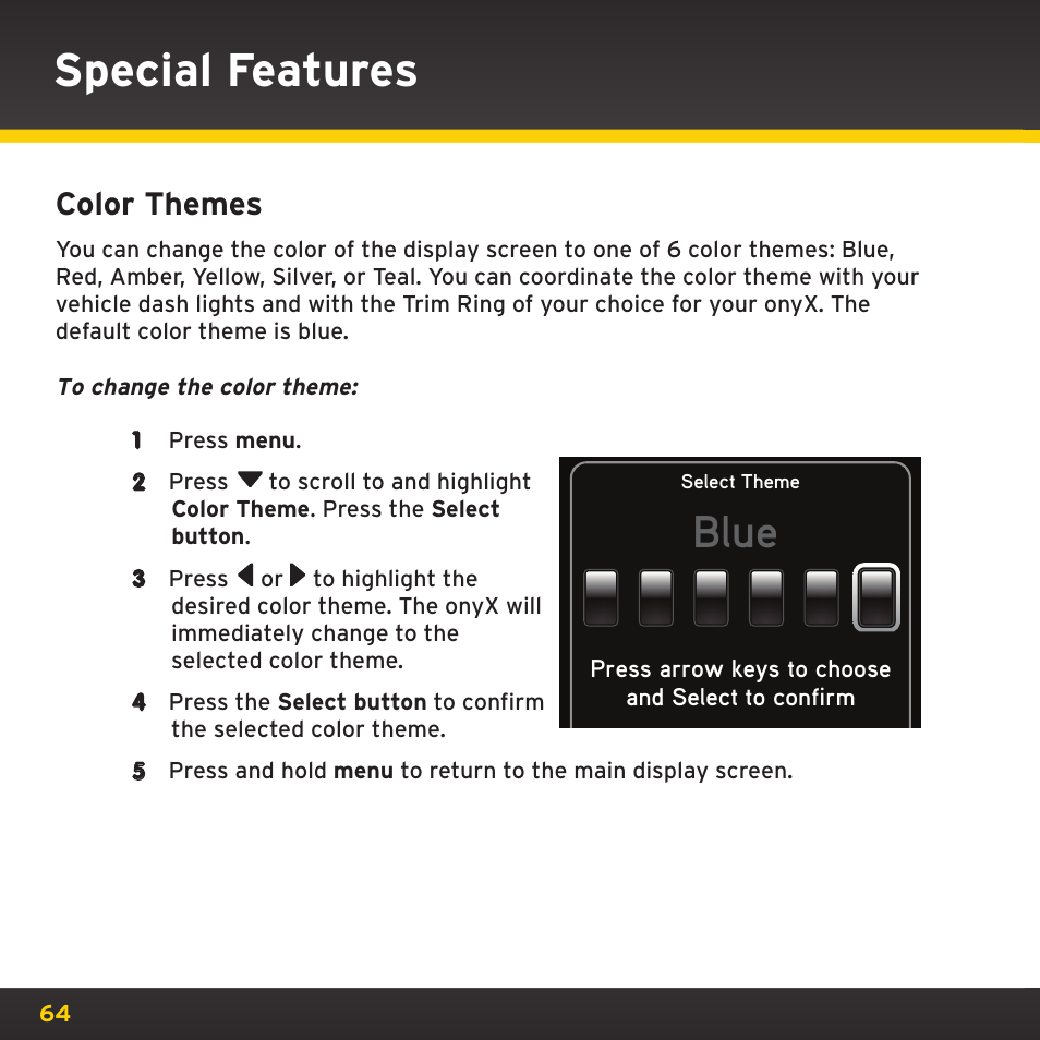 Special features, Blue, Color themes | XM Satellite Radio XDNX1V1 User Manual | Page 64 / 114