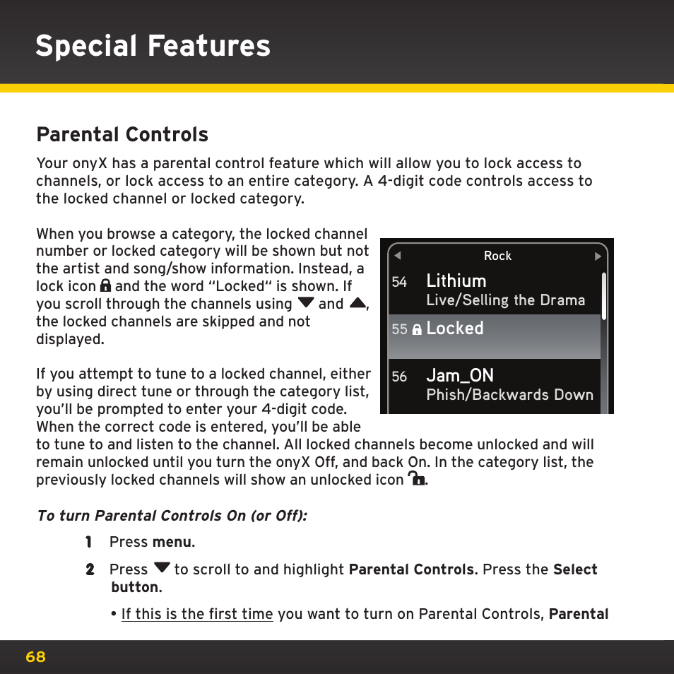 Special features, Parental controls | XM Satellite Radio XDNX1V1 User Manual | Page 68 / 114