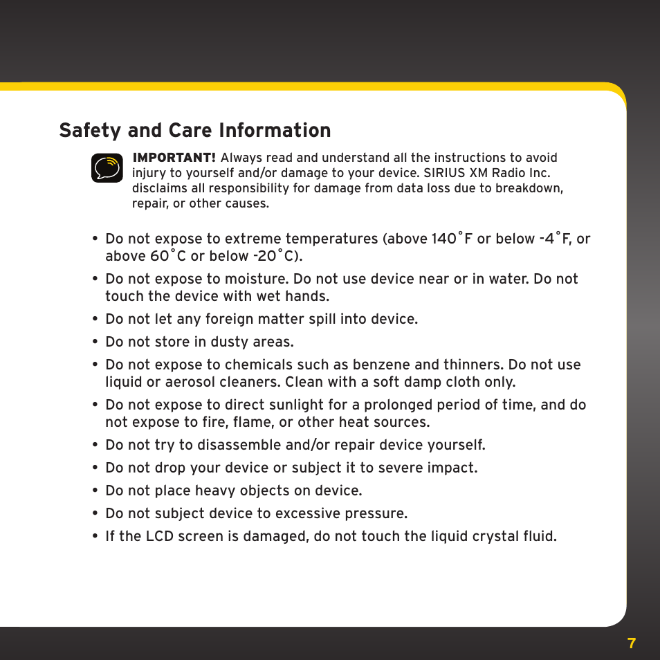 Safety and care information | XM Satellite Radio XDNX1V1 User Manual | Page 7 / 114