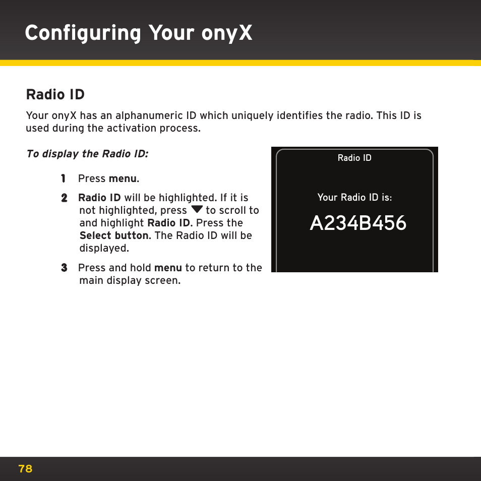 Configuring your onyx, Radio id | XM Satellite Radio XDNX1V1 User Manual | Page 78 / 114