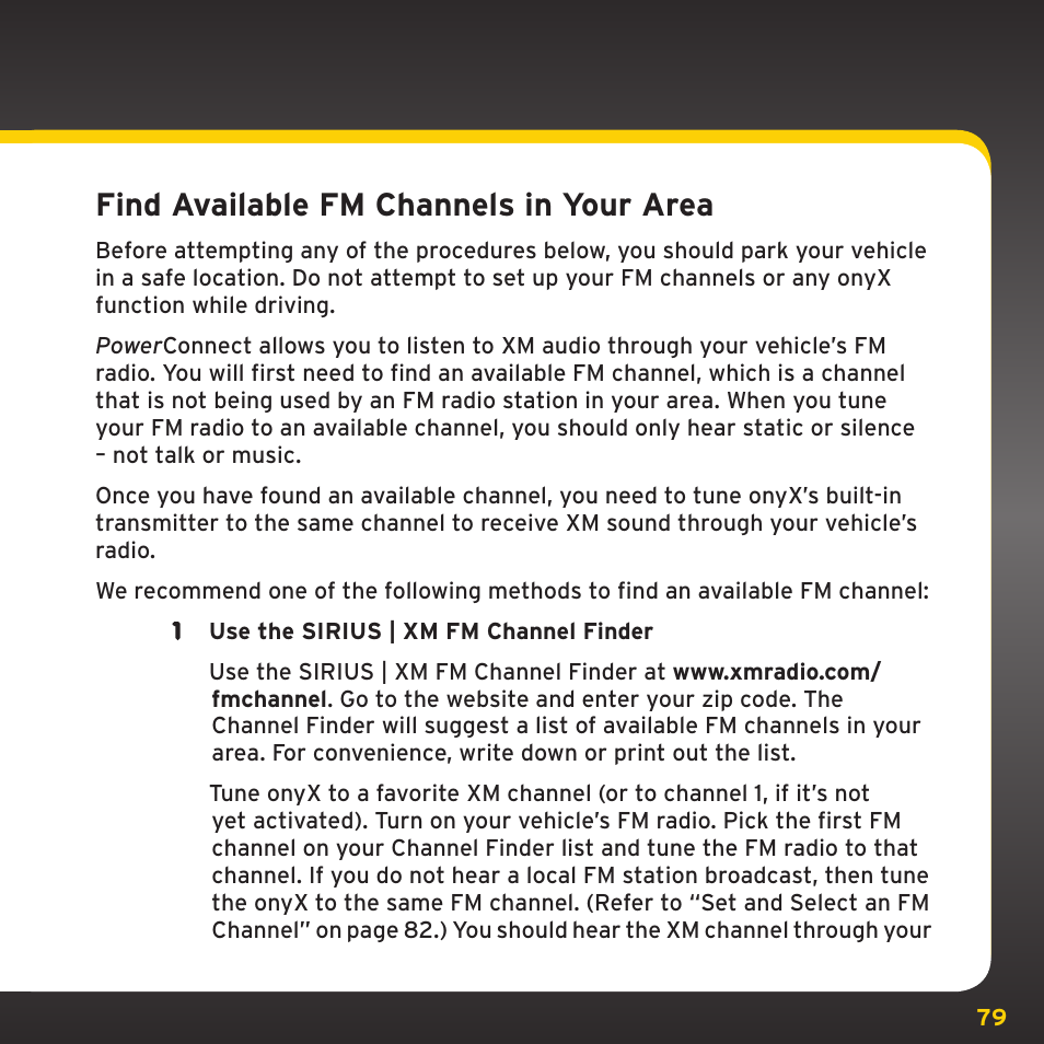 Find available fm channels in your area | XM Satellite Radio XDNX1V1 User Manual | Page 79 / 114