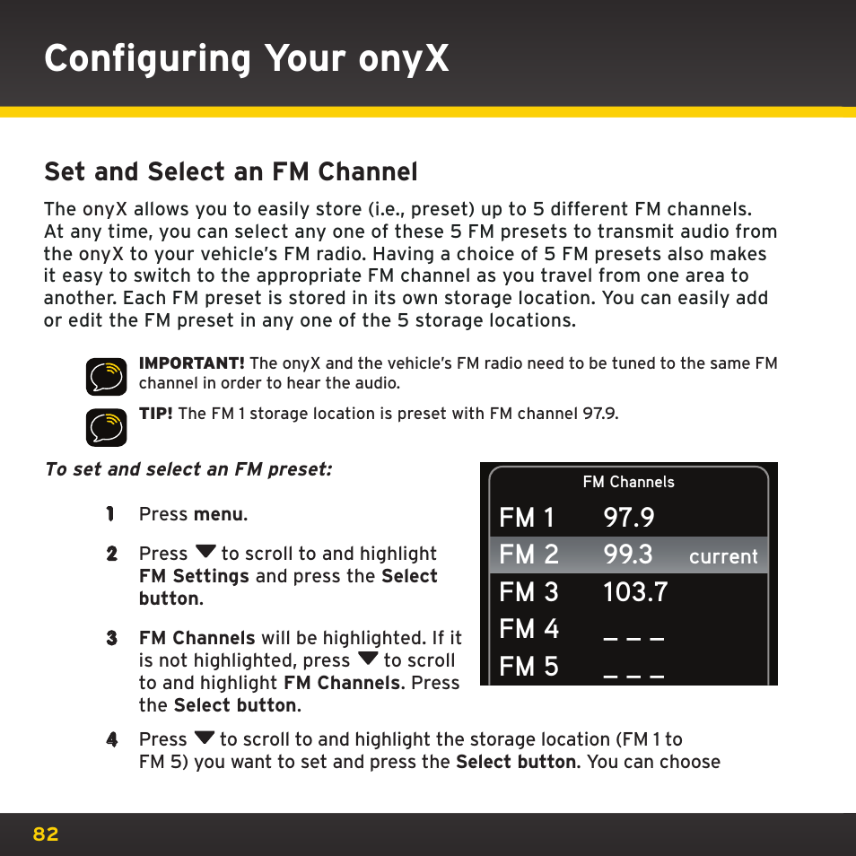 Configuring your onyx, Set and select an fm channel | XM Satellite Radio XDNX1V1 User Manual | Page 82 / 114