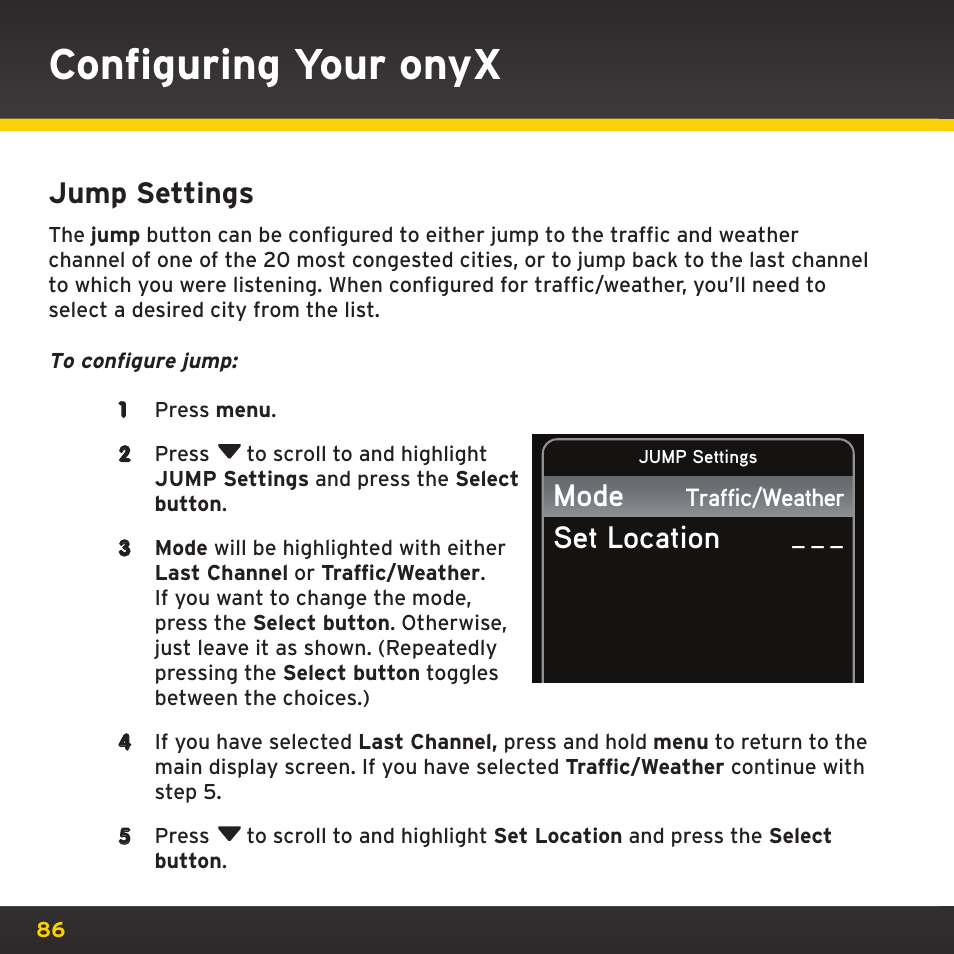 Configuring your onyx, Mode set location, Jump settings | XM Satellite Radio XDNX1V1 User Manual | Page 86 / 114
