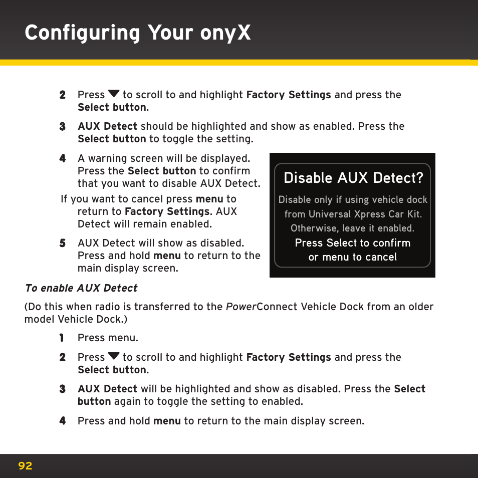 Configuring your onyx, Disable aux detect | XM Satellite Radio XDNX1V1 User Manual | Page 92 / 114
