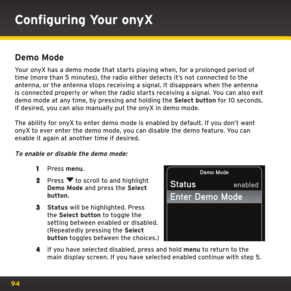 Configuring your onyx, Status enter demo mode, Demo mode | XM Satellite Radio XDNX1V1 User Manual | Page 94 / 114