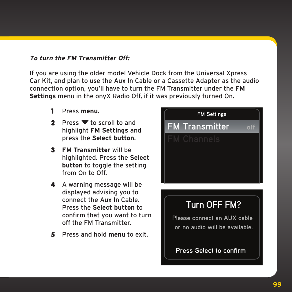 Configuring your onyx, Fm transmitter fm channels, Turn off fm | XM Satellite Radio XDNX1V1 User Manual | Page 99 / 114