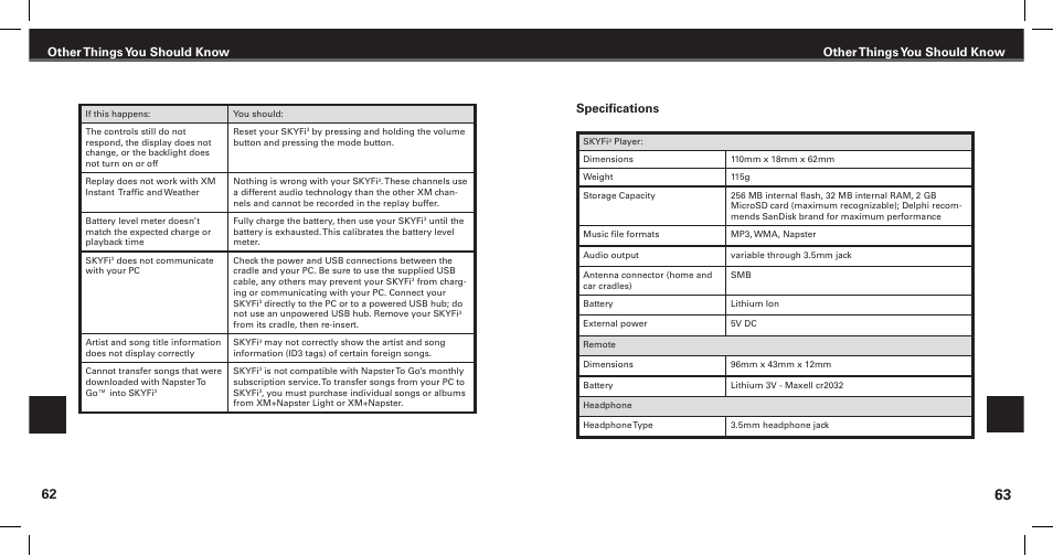 Other things you should know, Specifications | XM Satellite Radio Satellite Radio Digital Audio Player User Manual | Page 33 / 38