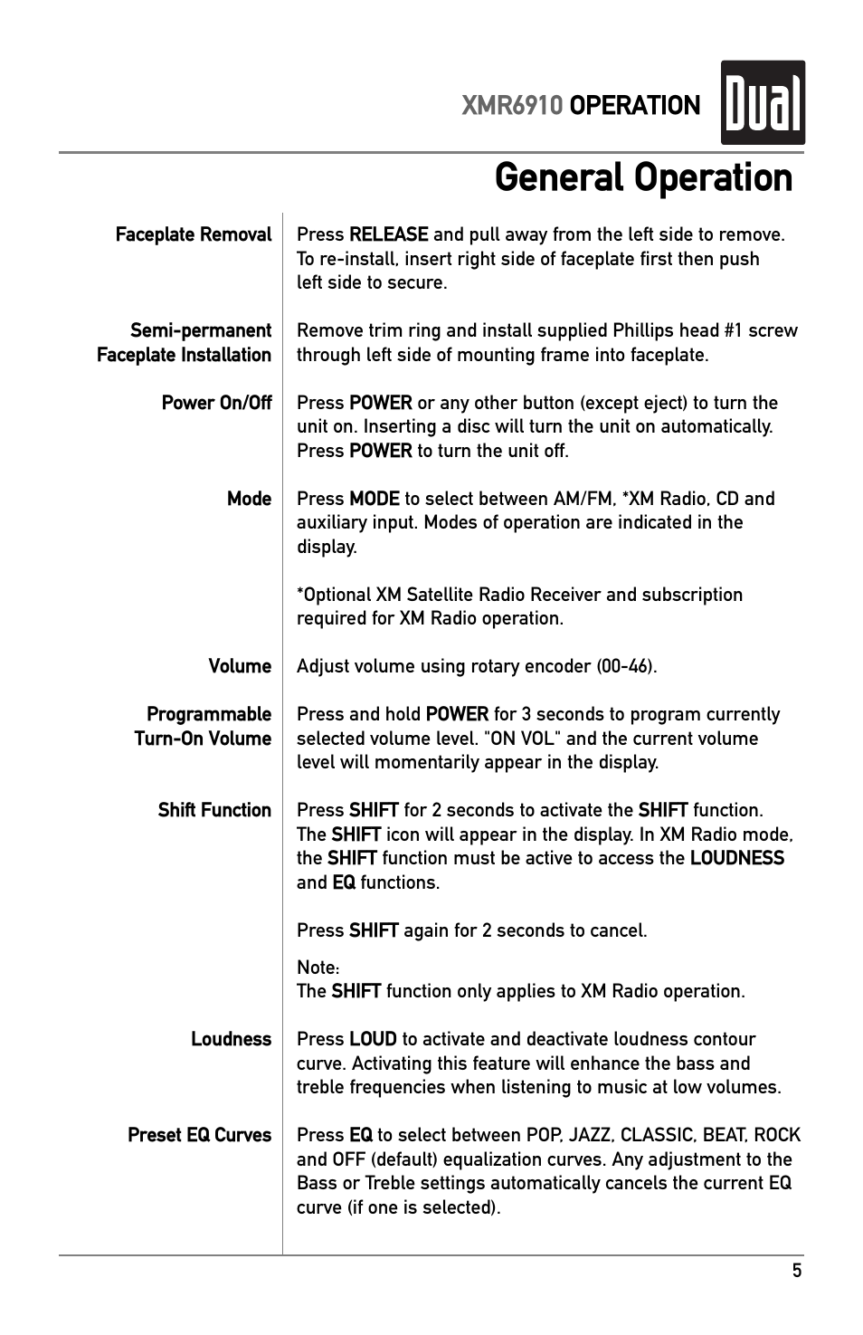 General operation, Xmr6910 operation | XM Satellite Radio XMR6910 User Manual | Page 5 / 16