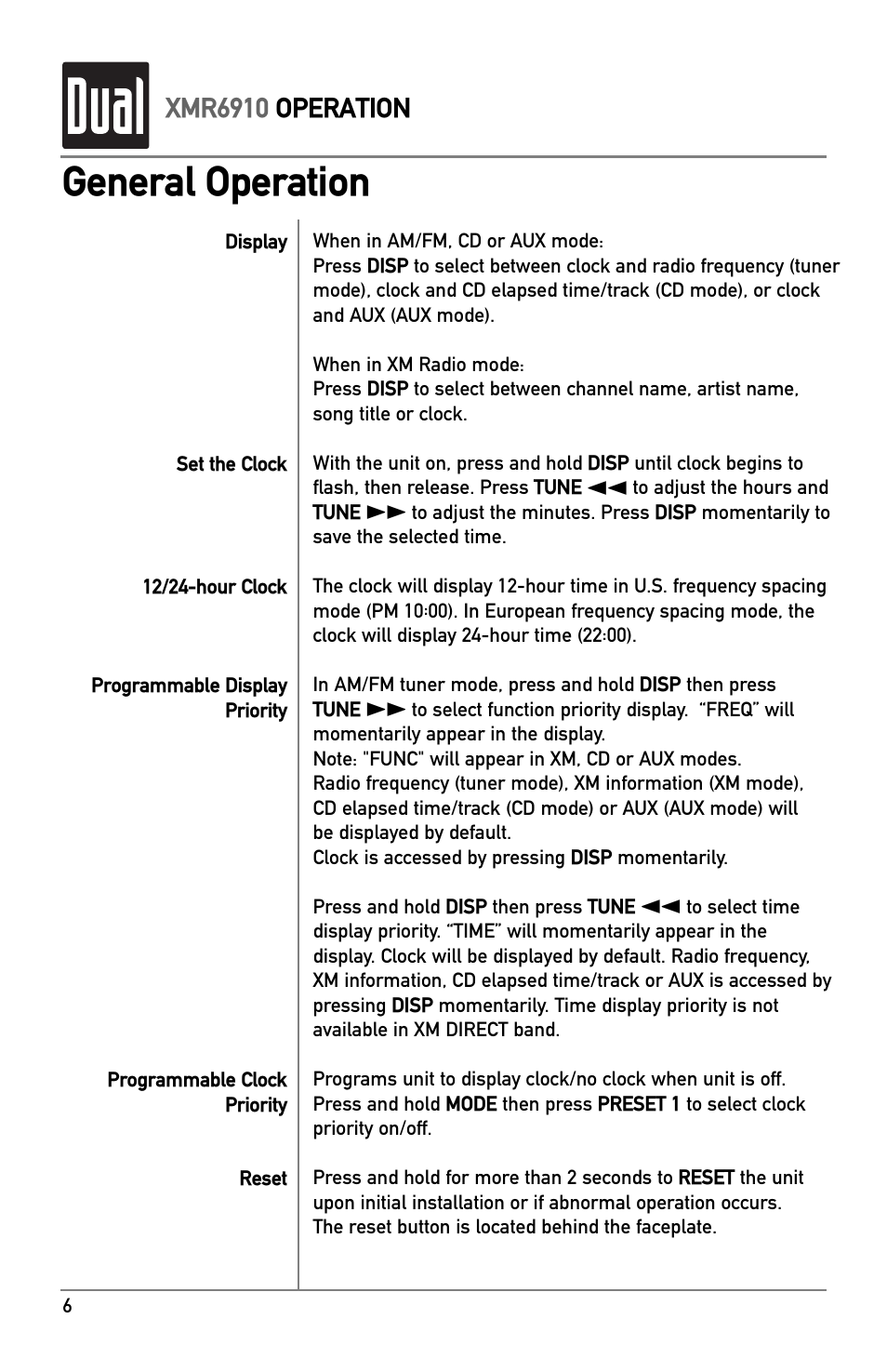 General operation | XM Satellite Radio XMR6910 User Manual | Page 6 / 16