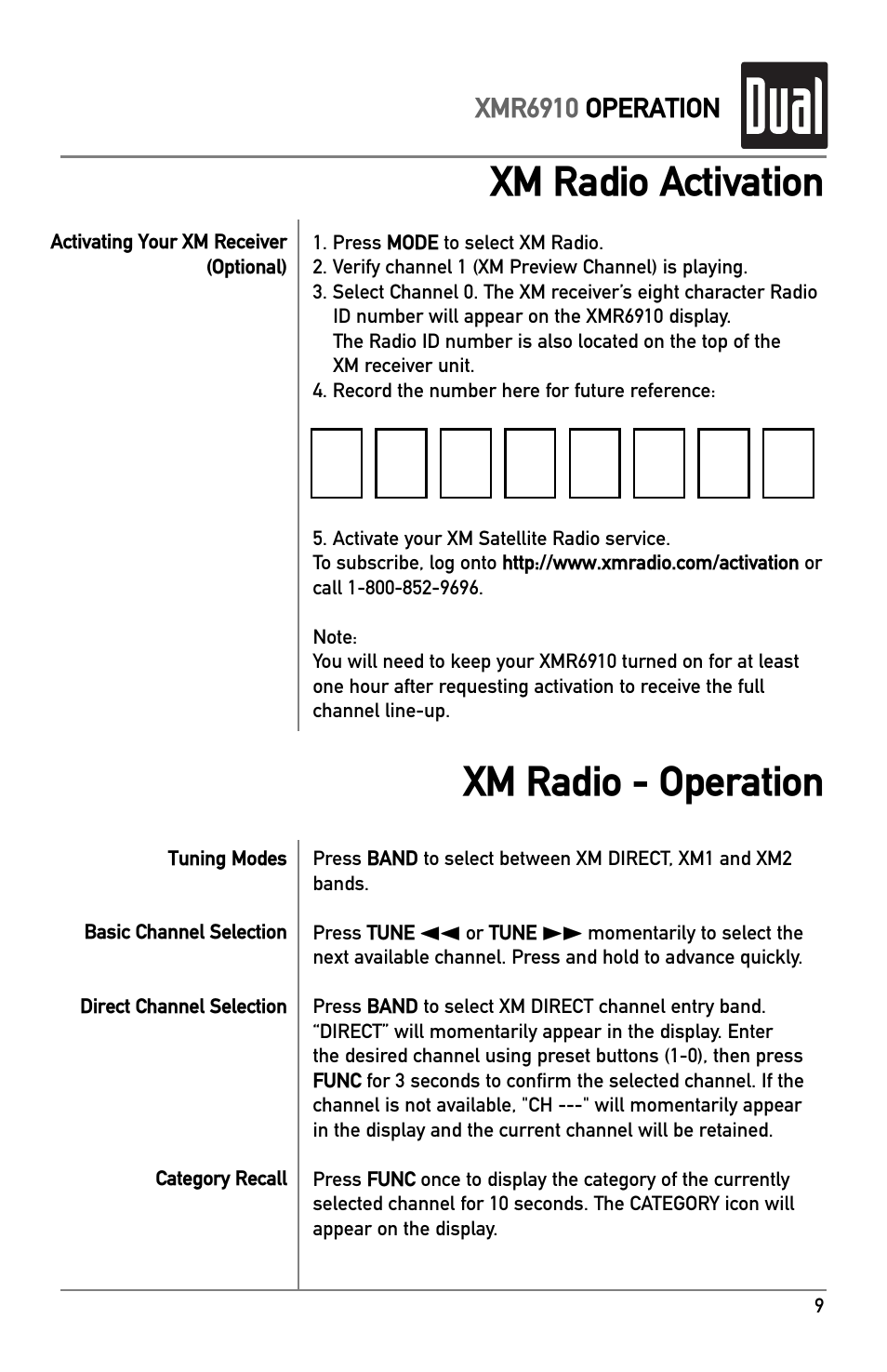 Xm activation / operation (tuner required), Xm radio activation xm radio - operation | XM Satellite Radio XMR6910 User Manual | Page 9 / 16