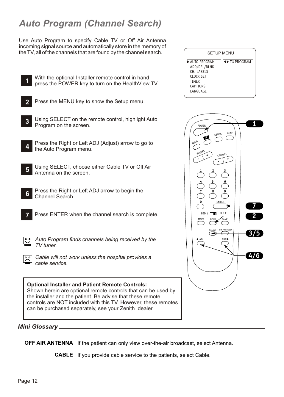 Auto program (channel search), Mini glossary | Zenith H20H52DT User Manual | Page 12 / 52